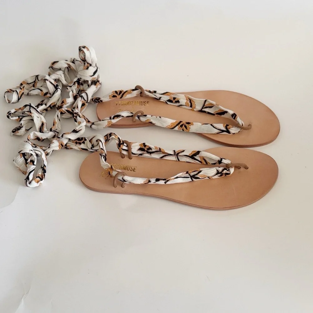 Amuse Society x Matisse Oceano Natural Print Lace-up Thong Sandals size 9